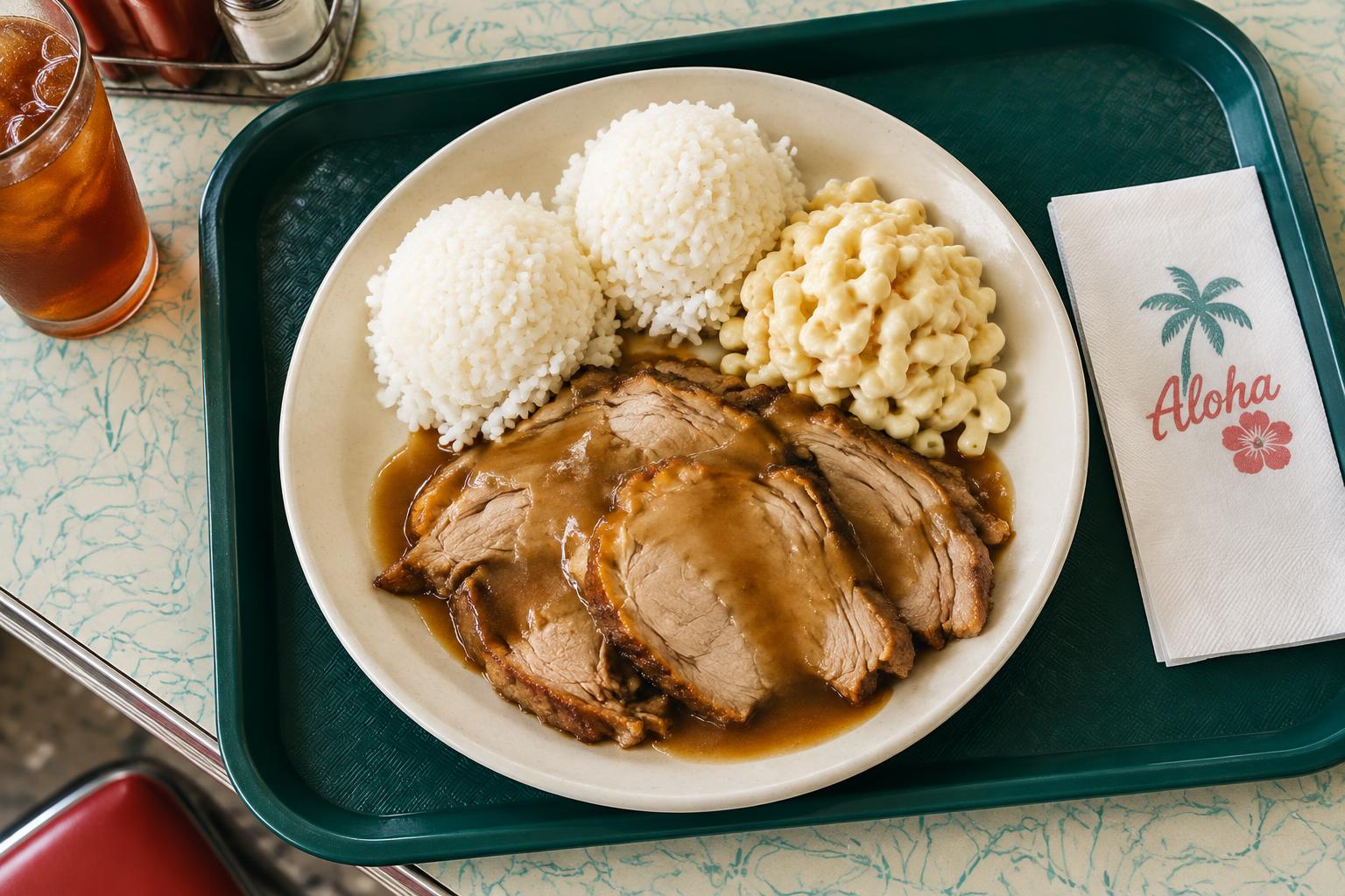 Tsukenjo roast pork plate lunch with rice and mac salad